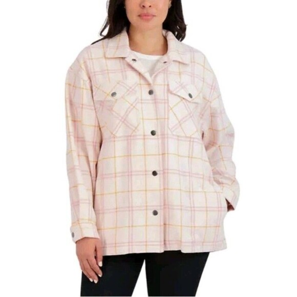 HFX Women's XXL Plaid Shacket Shirt Jacket Relaxed Front Snap Pink Orange Cream - Picture 1 of 10